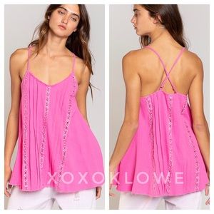 Hot Pink Pink Lace Trim Gauze Sleeveless Top